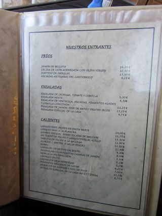 Carta restaurante la Chata Cantabria