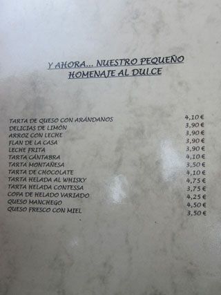 Carta restaurante la Chata Cantabria