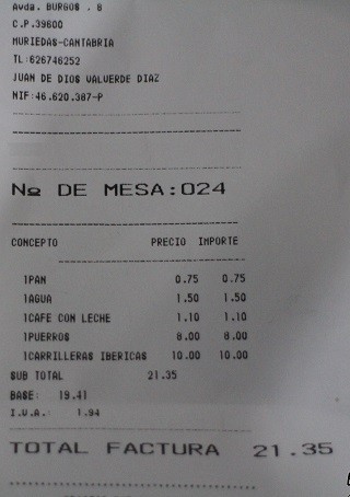 Factura restaurante Cortazar Muriedas