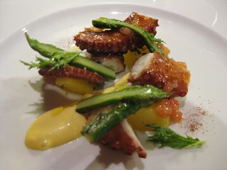 Pulpo plancha con esparragos trigueros y patata al azafran