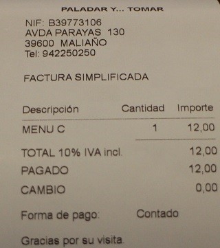 Factura Restaurante Paladar y Tomar Santander