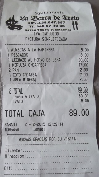 Cuenta restaurante La Barca de Treto