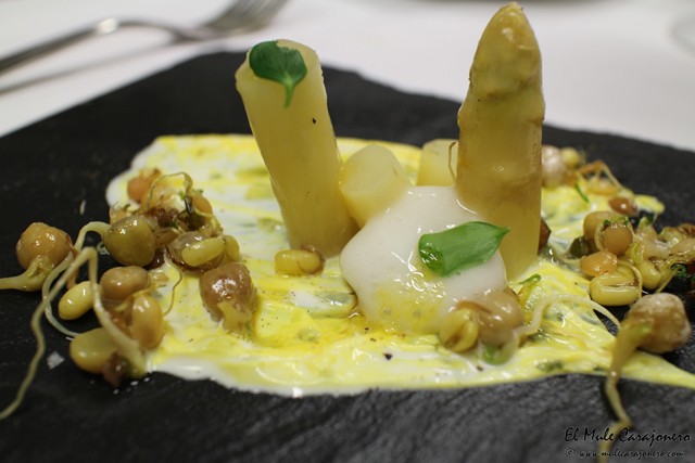 Vinagreta de esparragos tajun de brotes mixtos y yuba de leche al azafran Cena de gala las Cocinas del Titanic en Las Carolinas