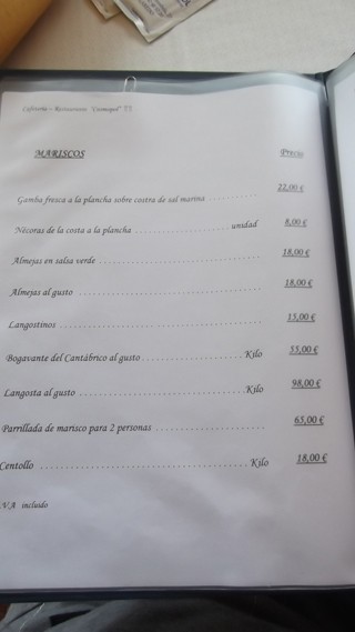 Carta restaurante Cosmopol Laredo Cantabria