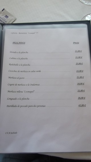 Carta restaurante Cosmopol Laredo Cantabria