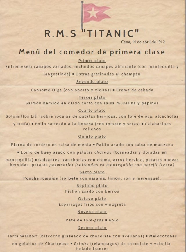 Carta Original Cena de gala las Cocinas del Titanic en Las Carolinas