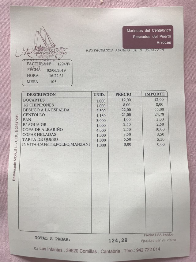 Marisqueria Adolfo Comillas factura