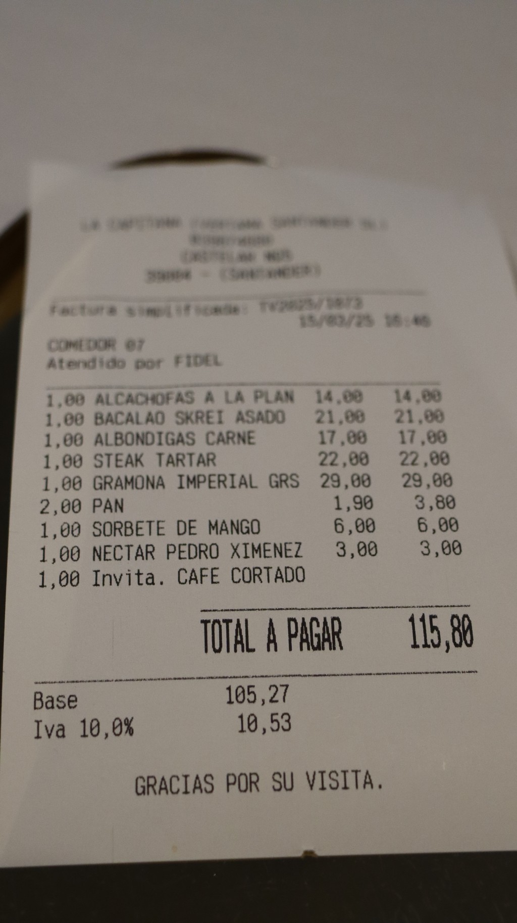 Factura Restaurante La Capitana Santander