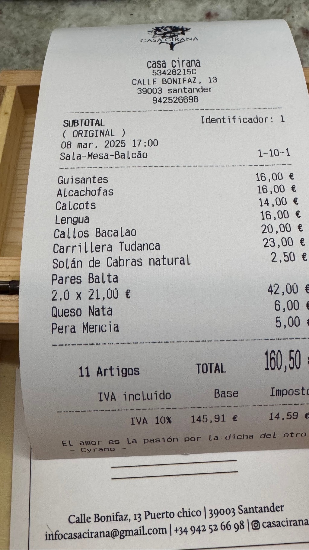 Factura Restaurante Casa Cirana Santander