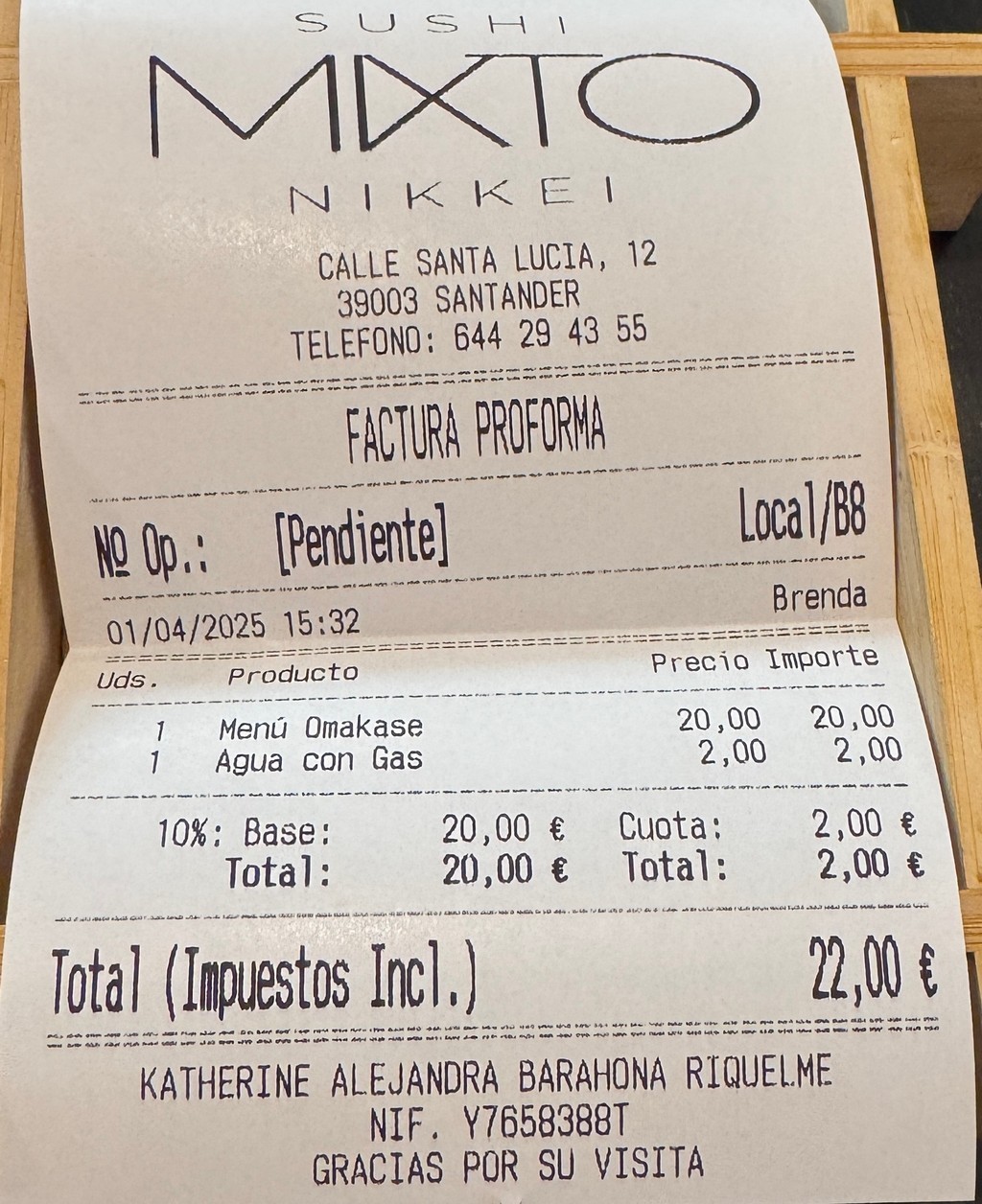 Mixto Sushi Nikkei Factura